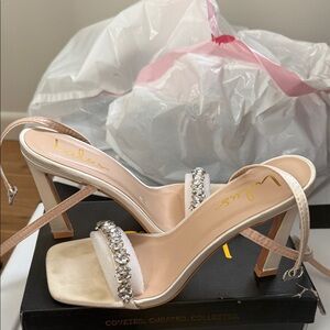 Embellished Strappy High Heel Sandals - cream color